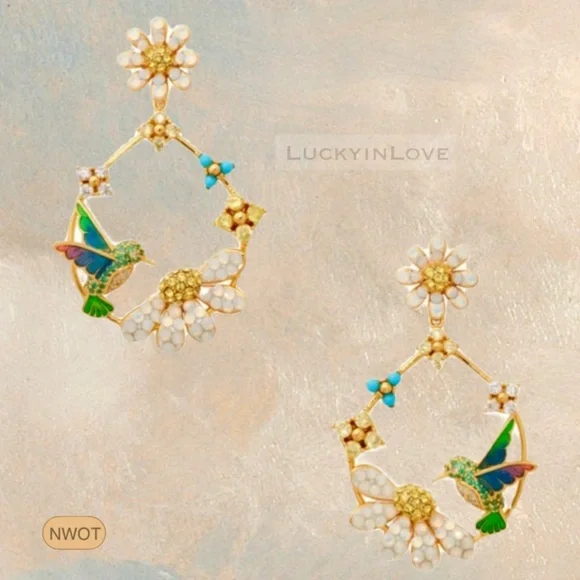 KATE SPADE• Hummingbird Flower Wreath Hoop Drop Earrings - Picture 5 of 8